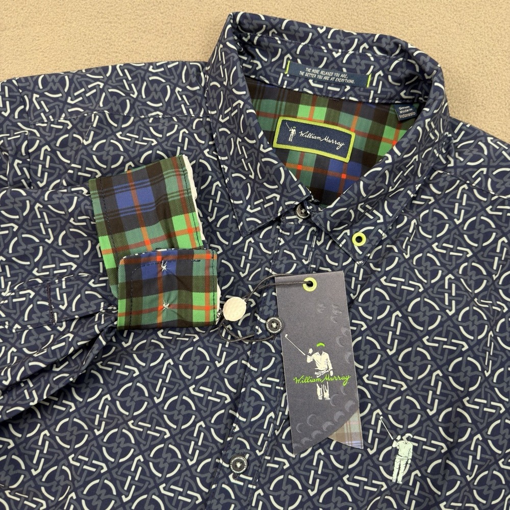 William Murray Golf Long Sleeve Mens Small Blue Geometric Flip Cuff Stretch NWT